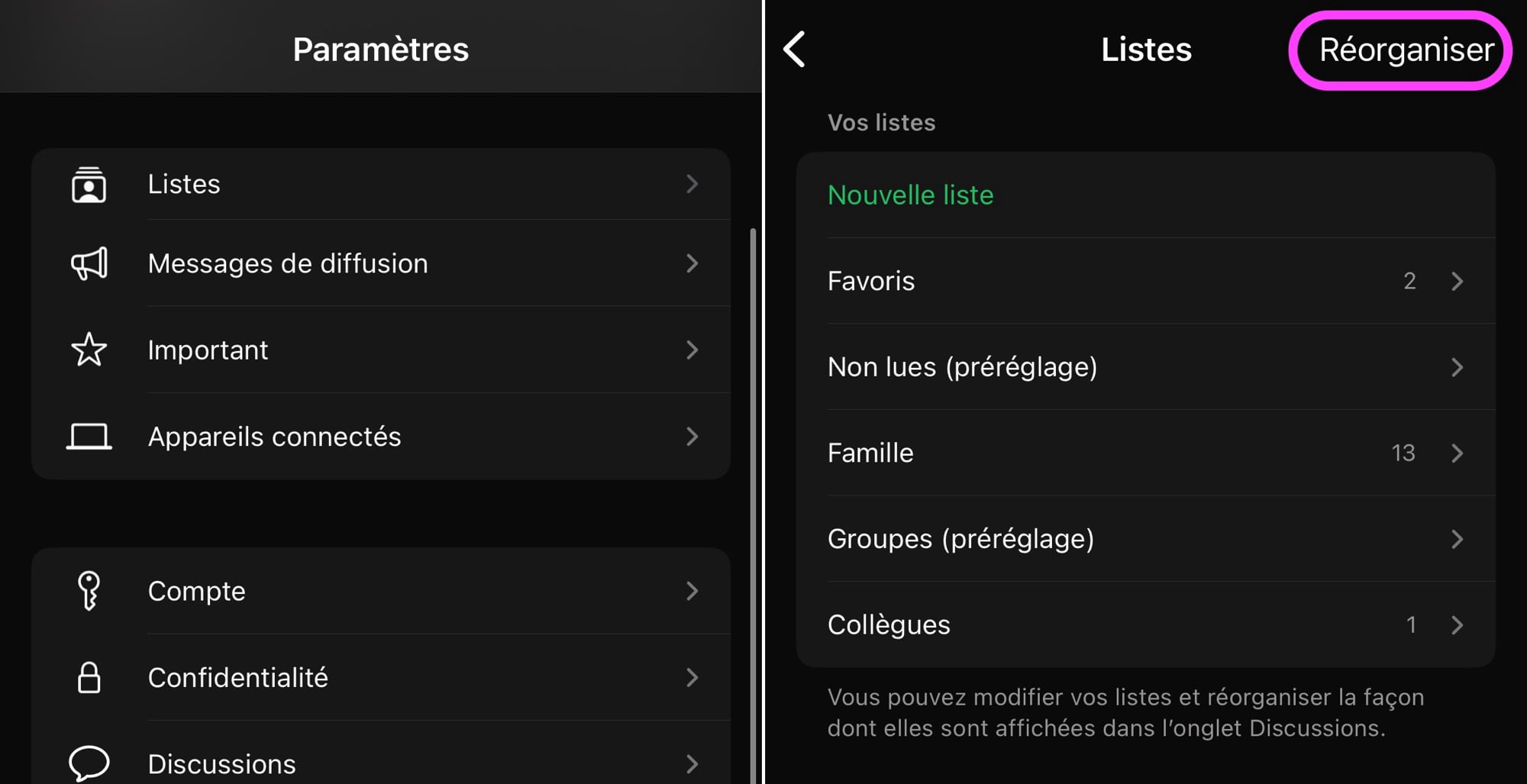 Réorganiser listes WhatsApp