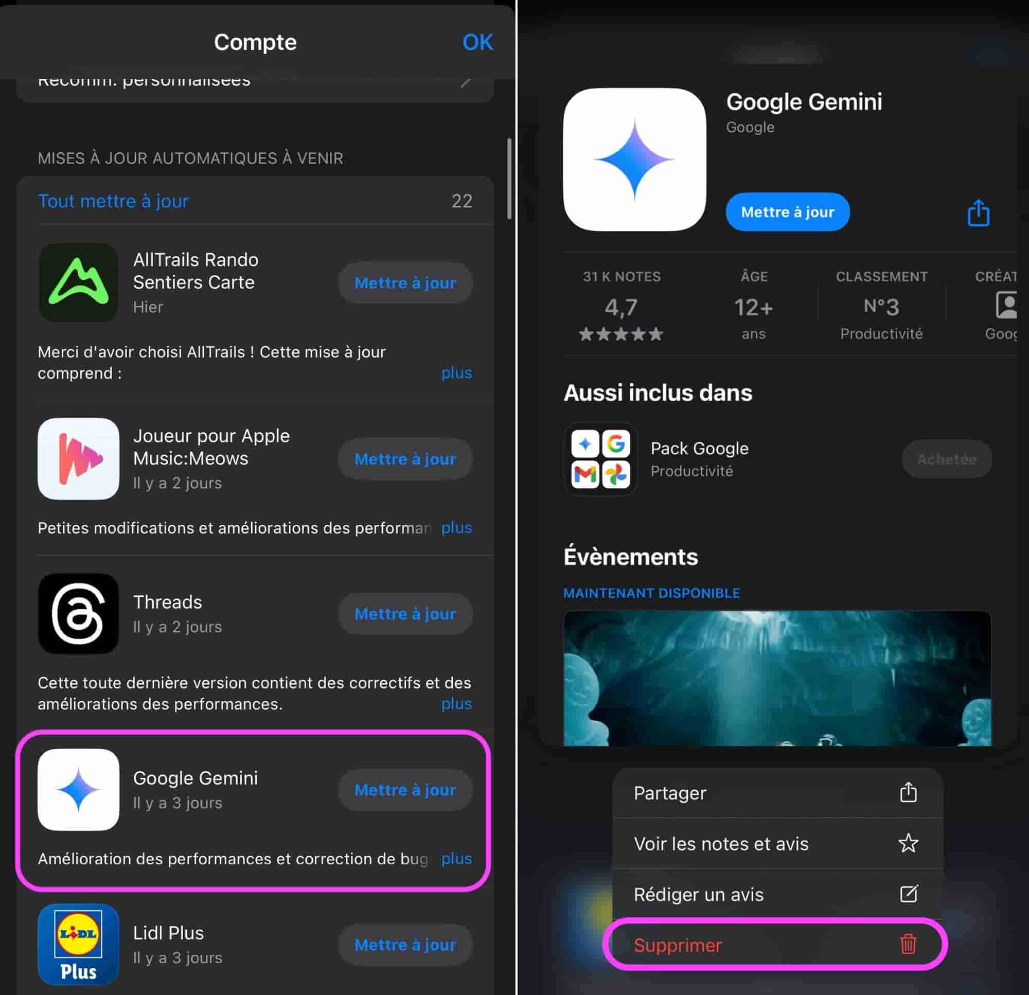 Supprimer app iPhone via App Store