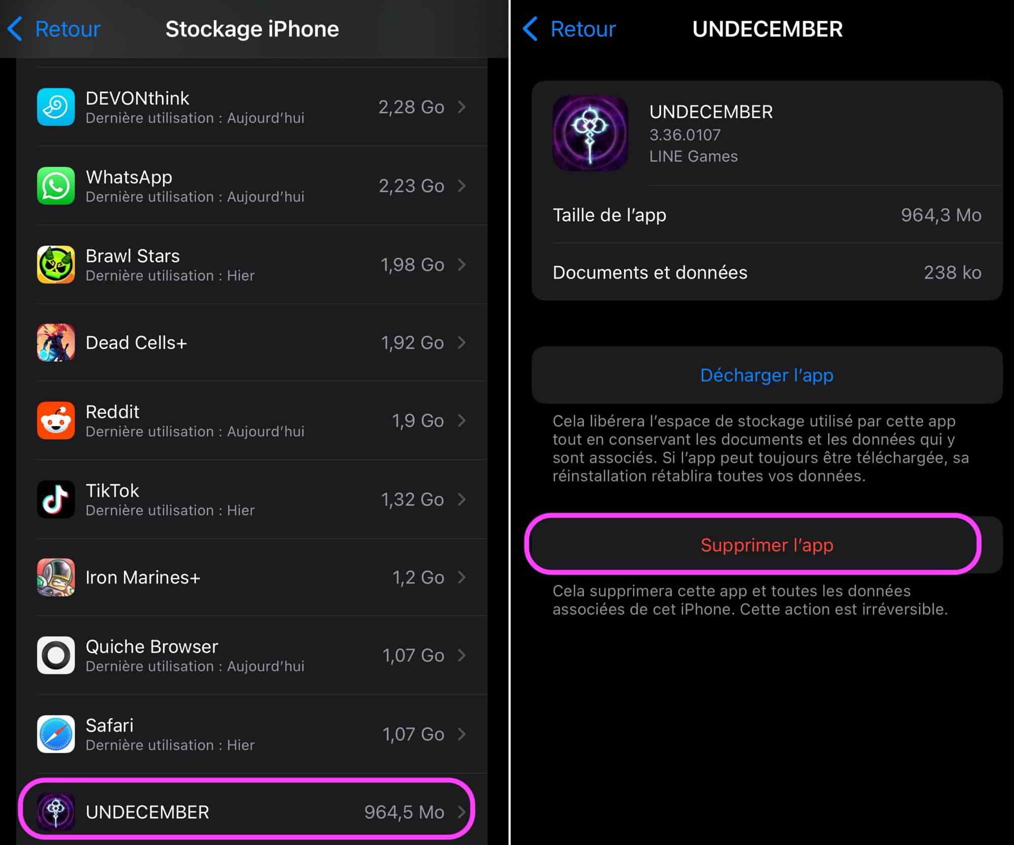 Supprimer app dans Réglages