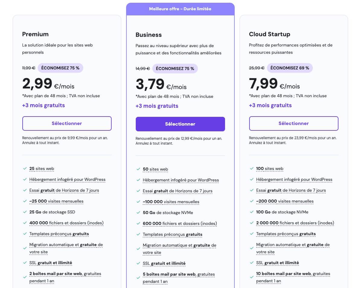 Plans hébergement mutualisé Hostinger