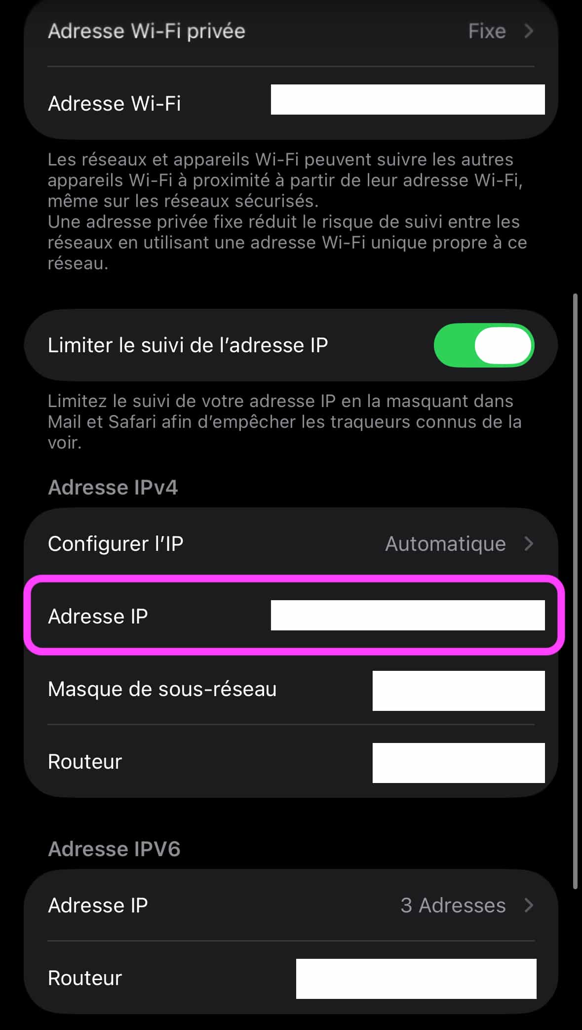 Adresse IP réglages