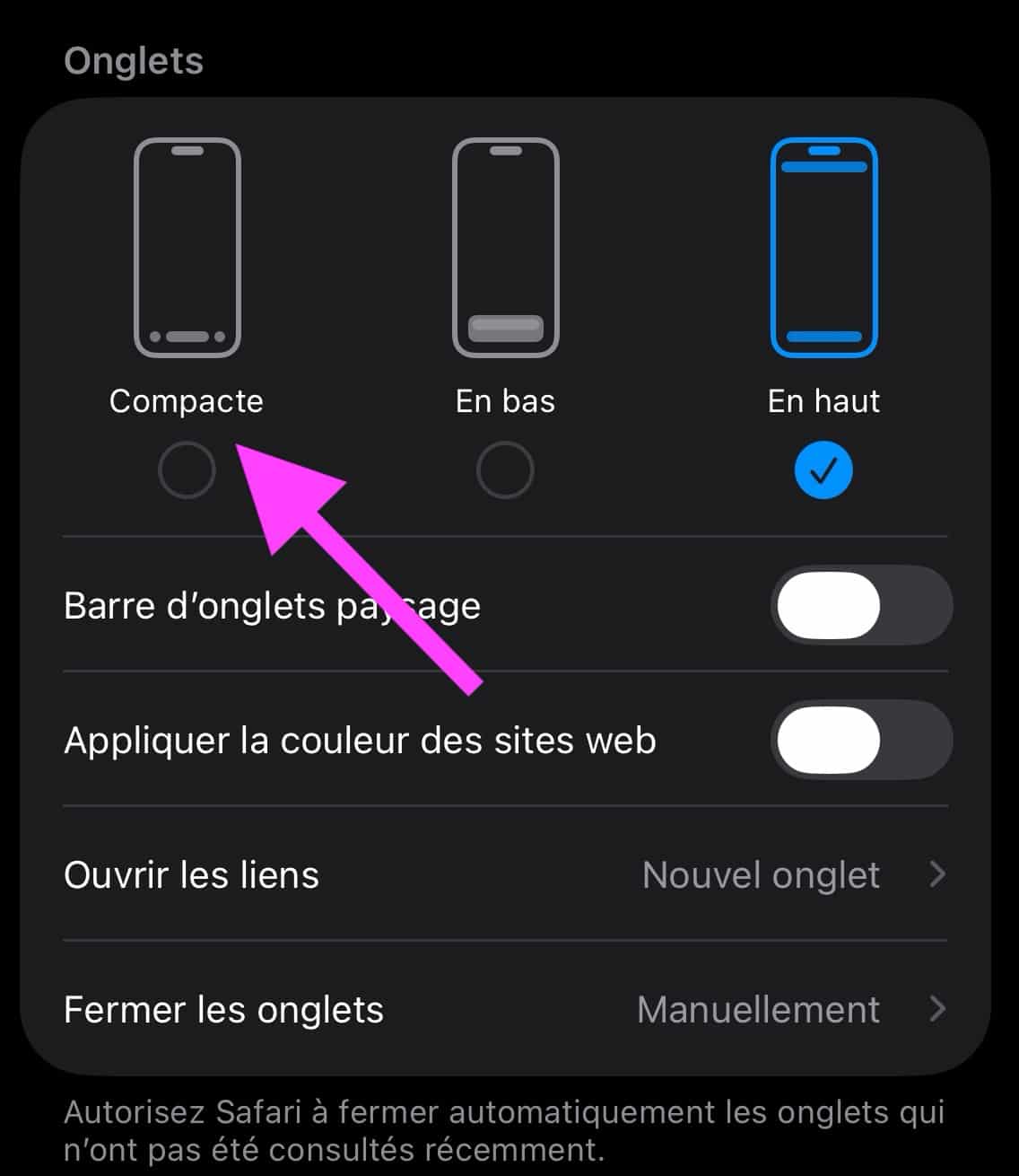 Barre compacte iOS 26