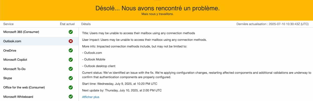 Microsoft panne Outlook
