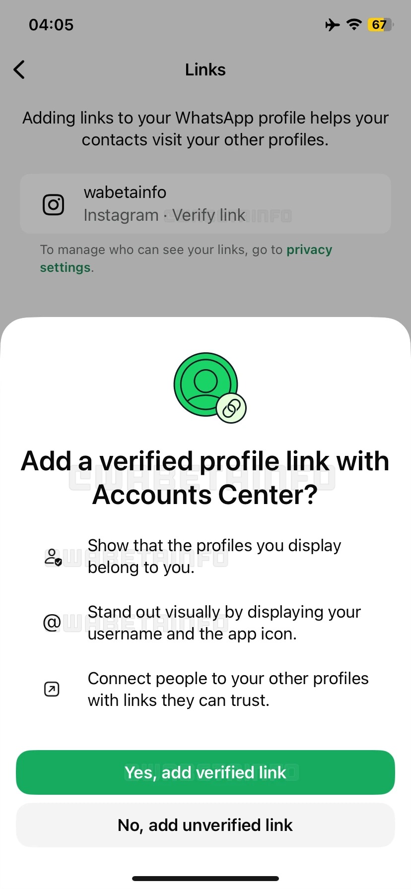 Beta whatsapp iOS lien instagram vérifié