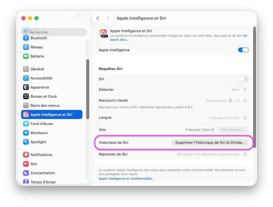 Historique Siri macOS