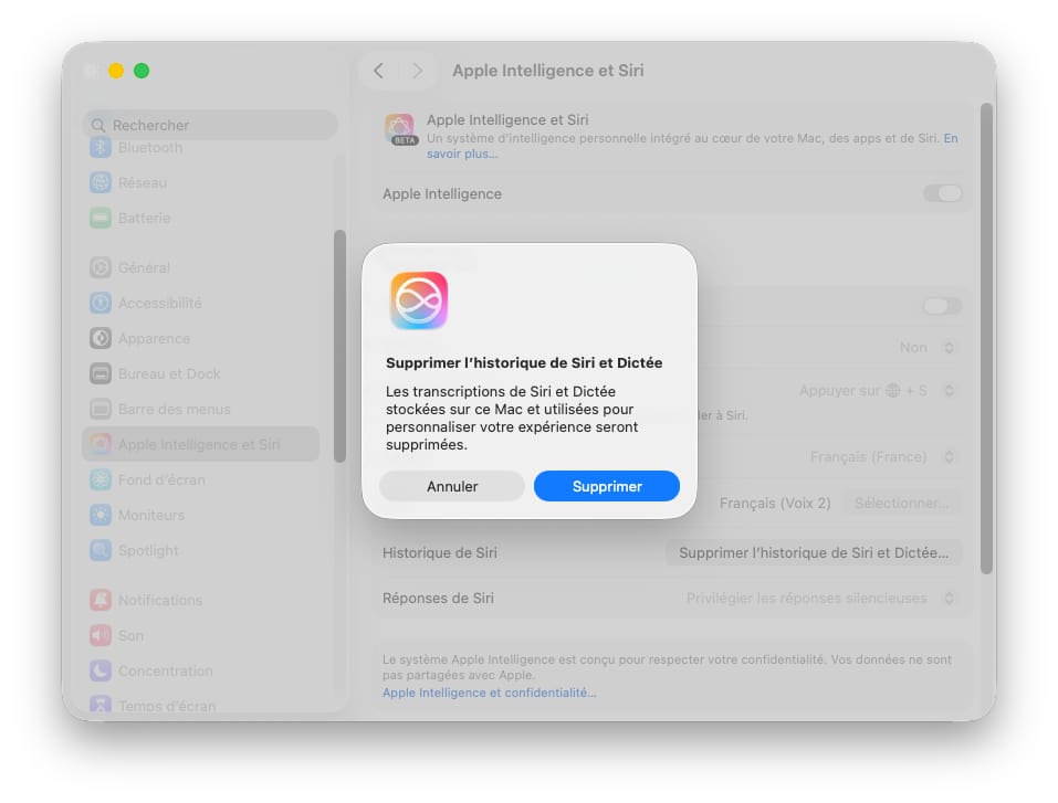 Supprimer historique Siri macOS