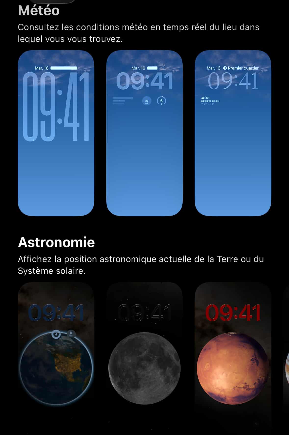 Écran verrouillé Météo et Astronomie