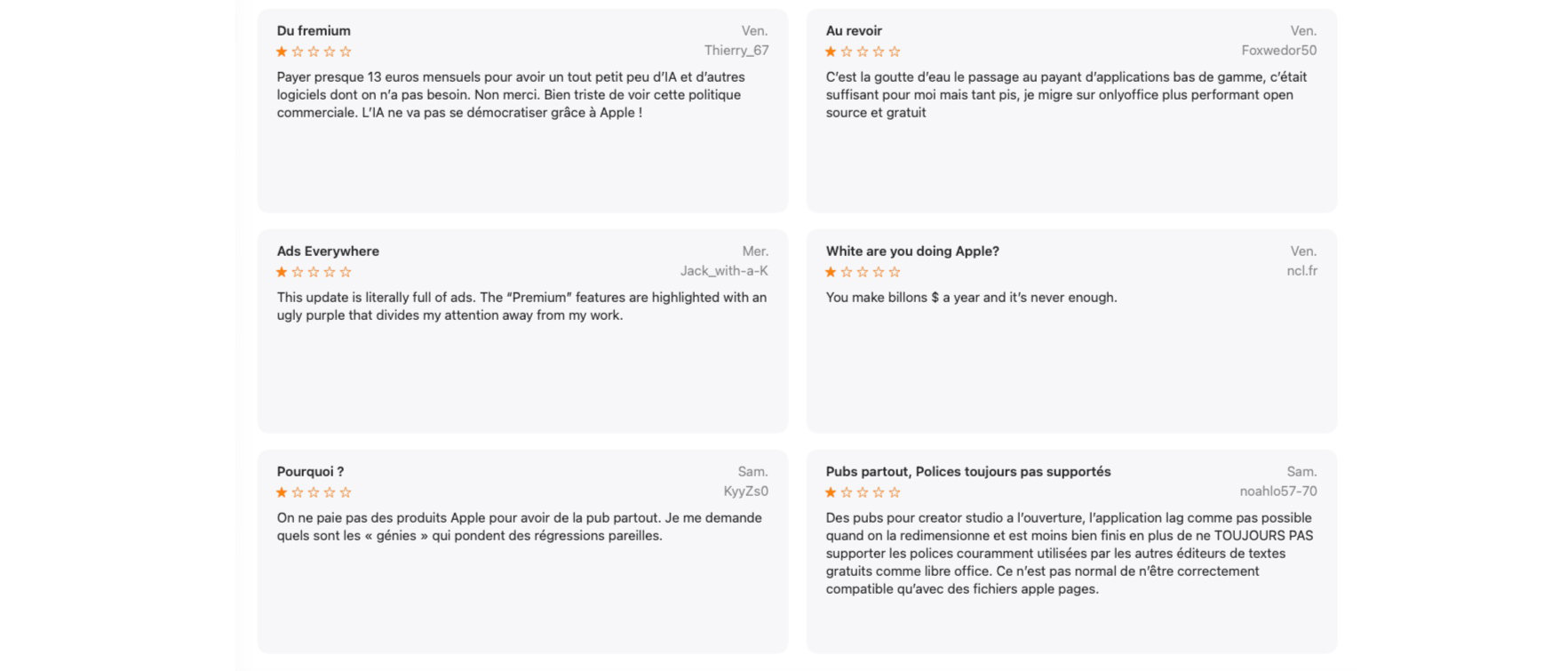 Pages commentaires apple