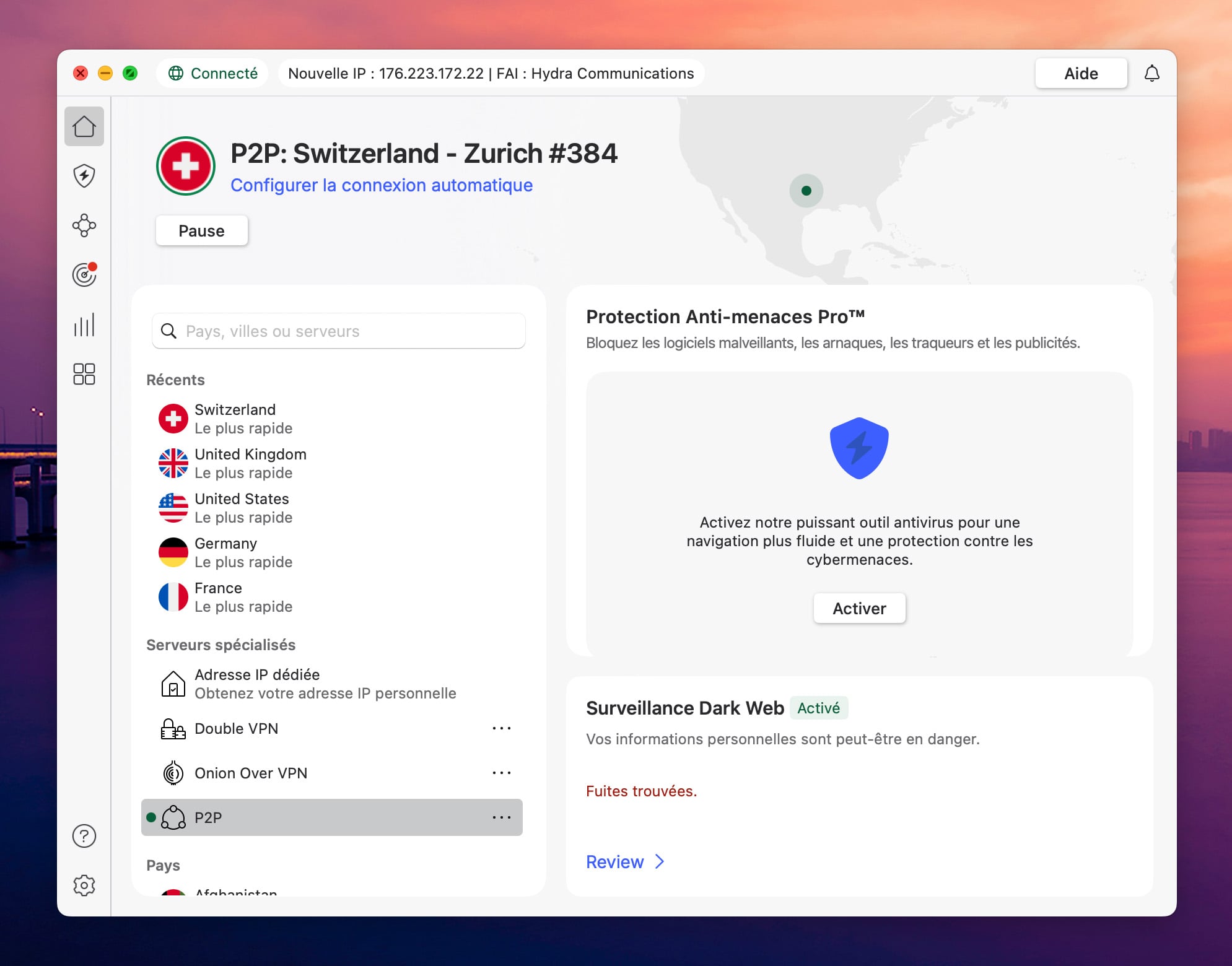 Interface de l'application NordVPN sur macOS avec la liste des pays disponibles