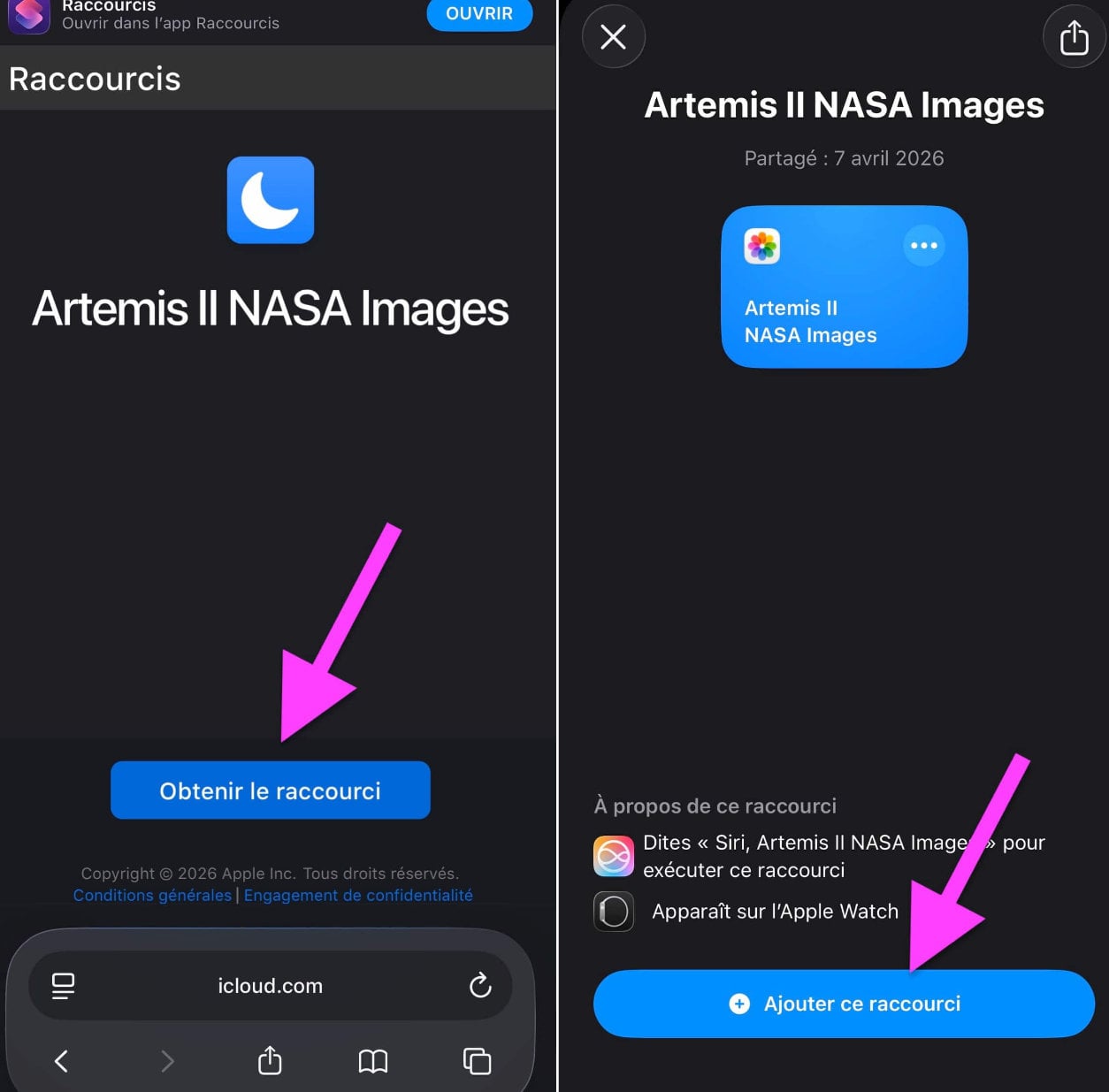 Ajout raccourci iPhone artemis photo