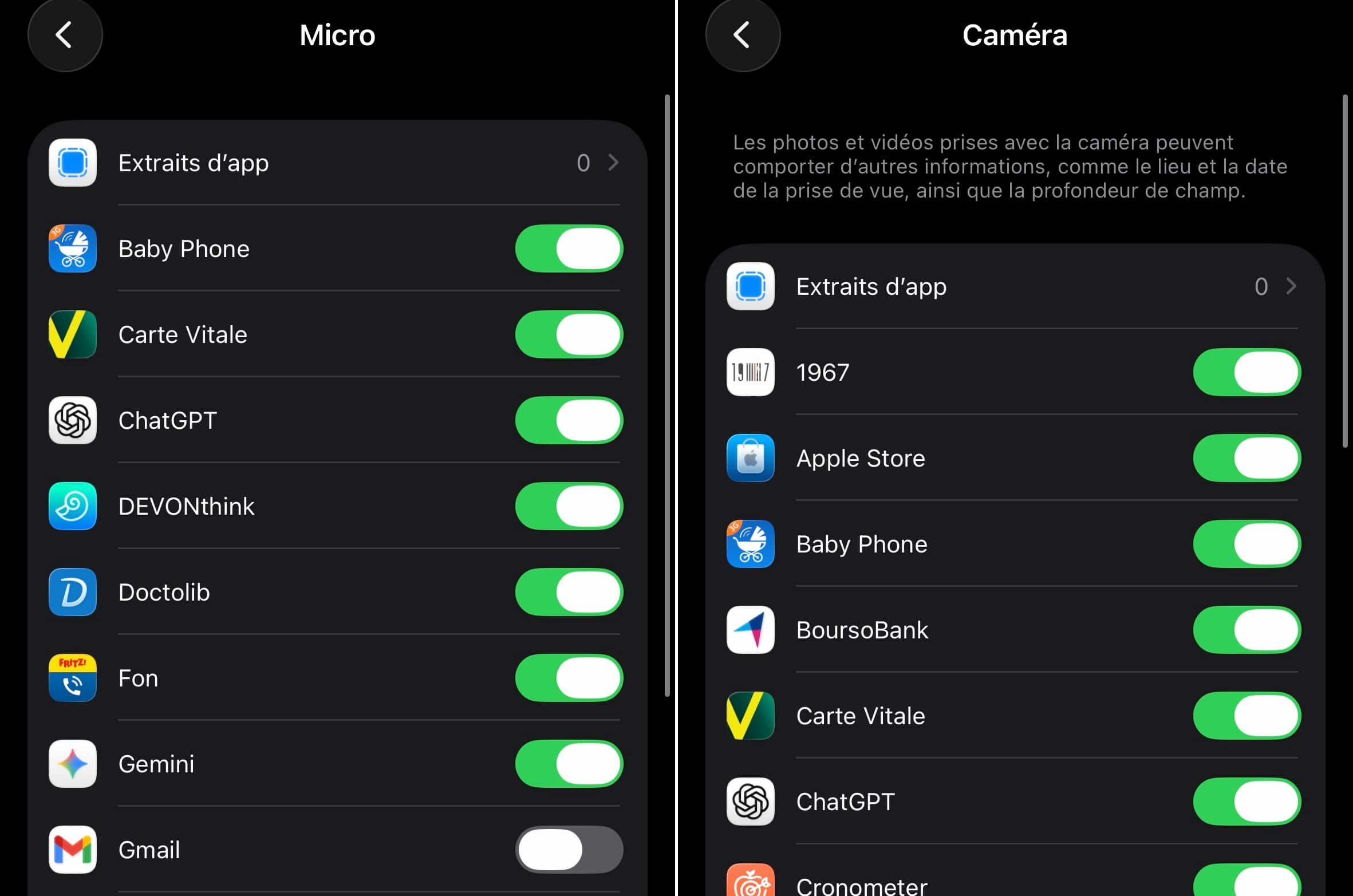 Apps accès caméra et micro