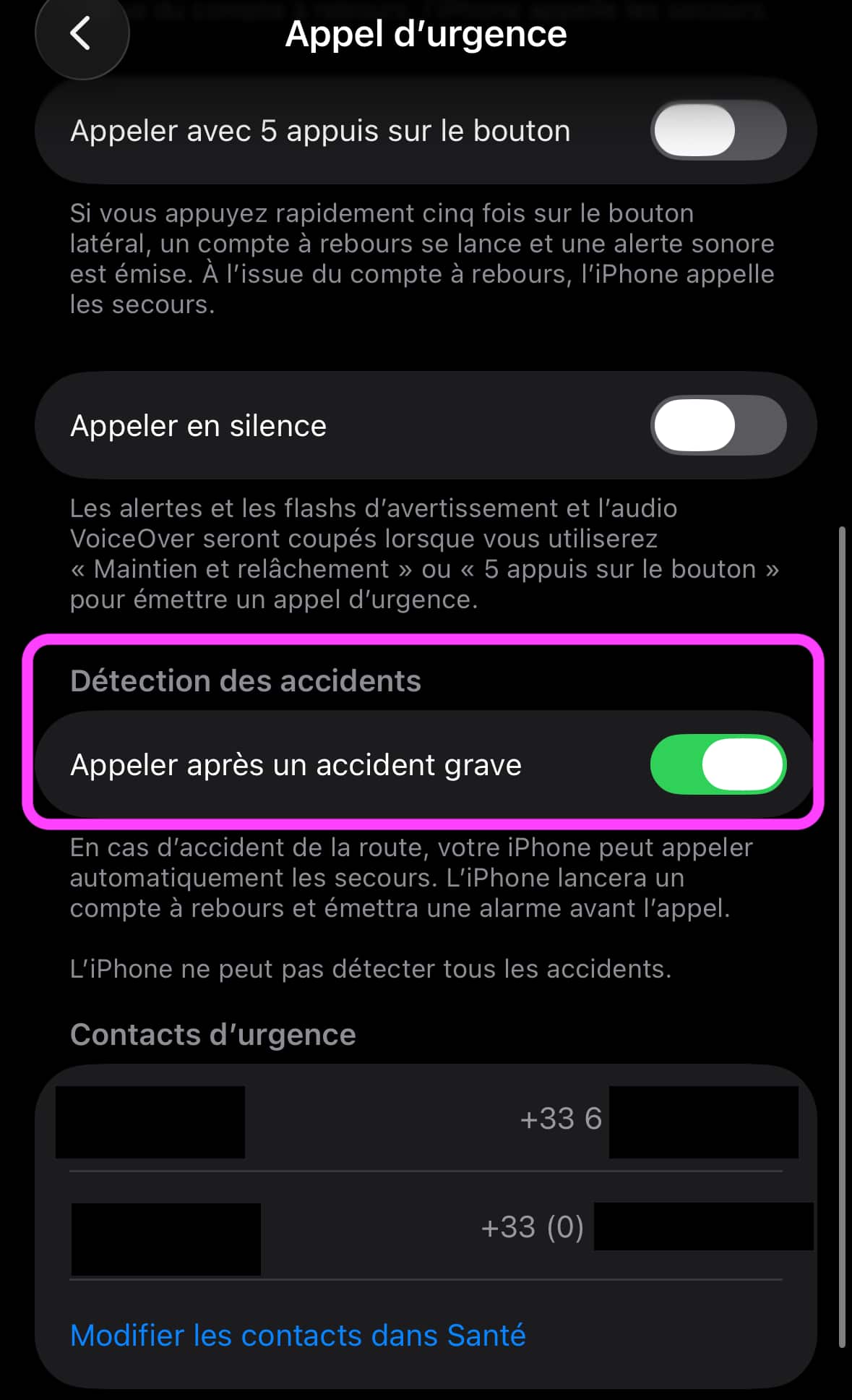 Option "Détection des accidents"