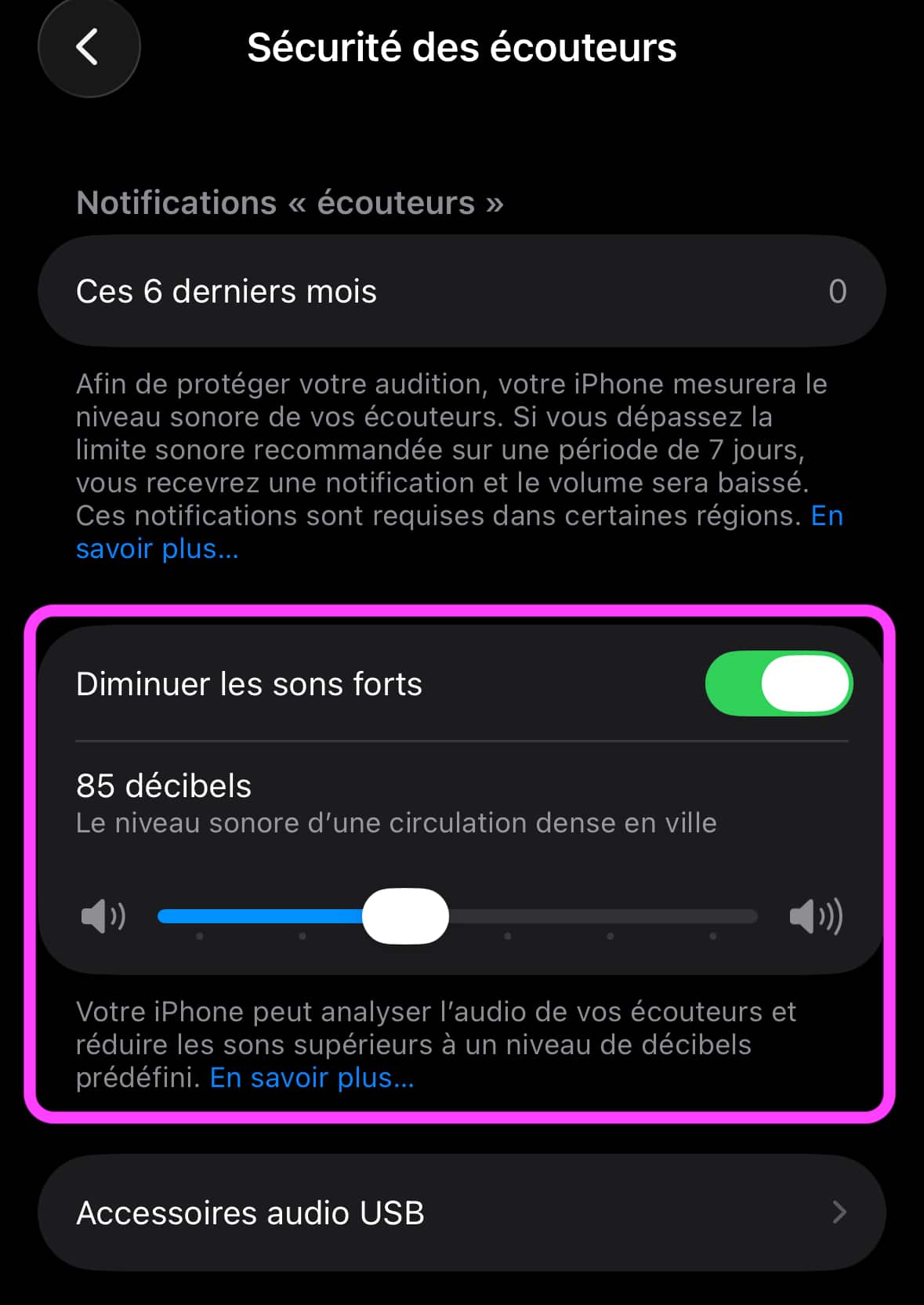 Option "Diminuer les sons forts"