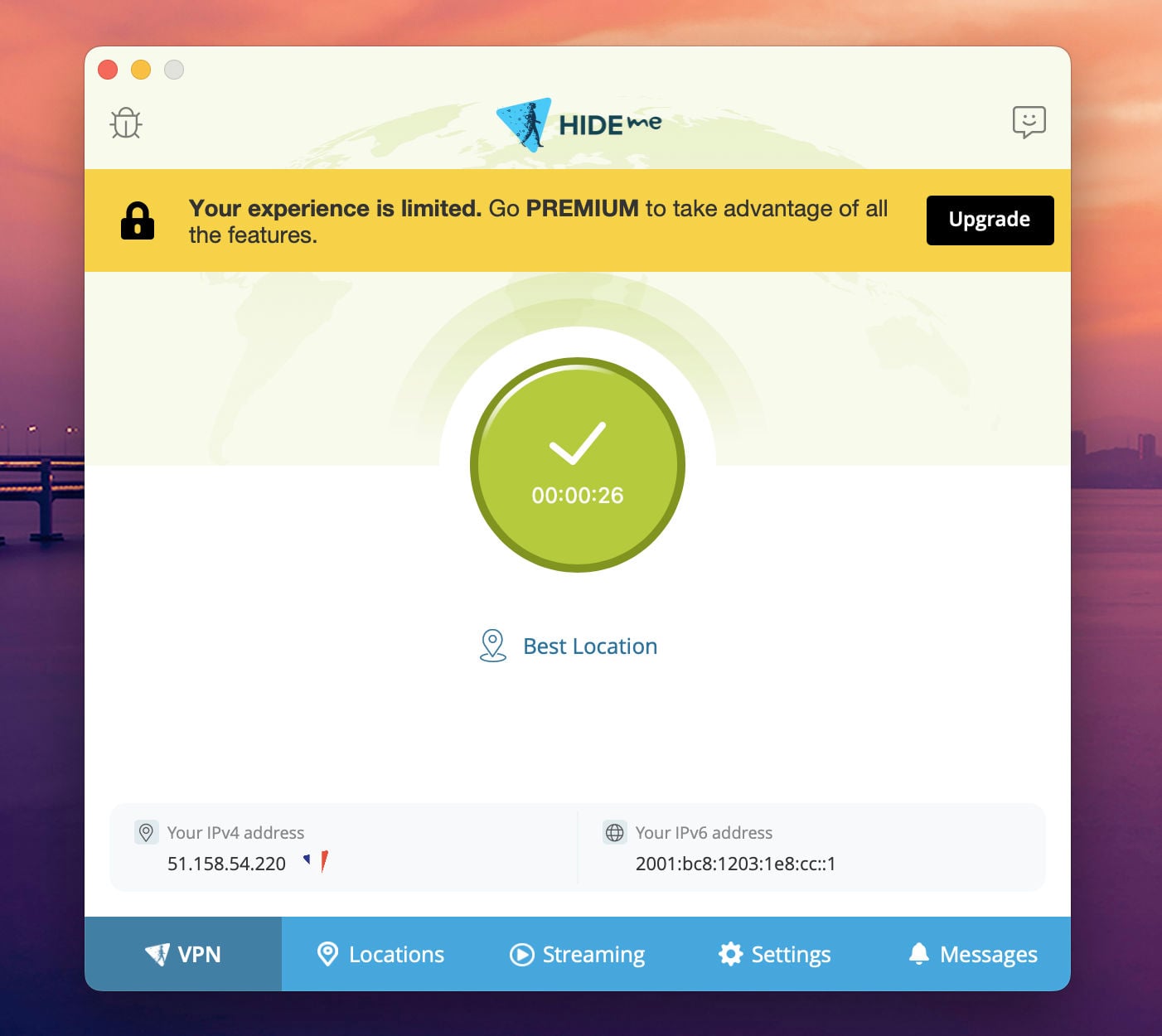 Hide.me VPN gratuit, interface uniquement en anglais