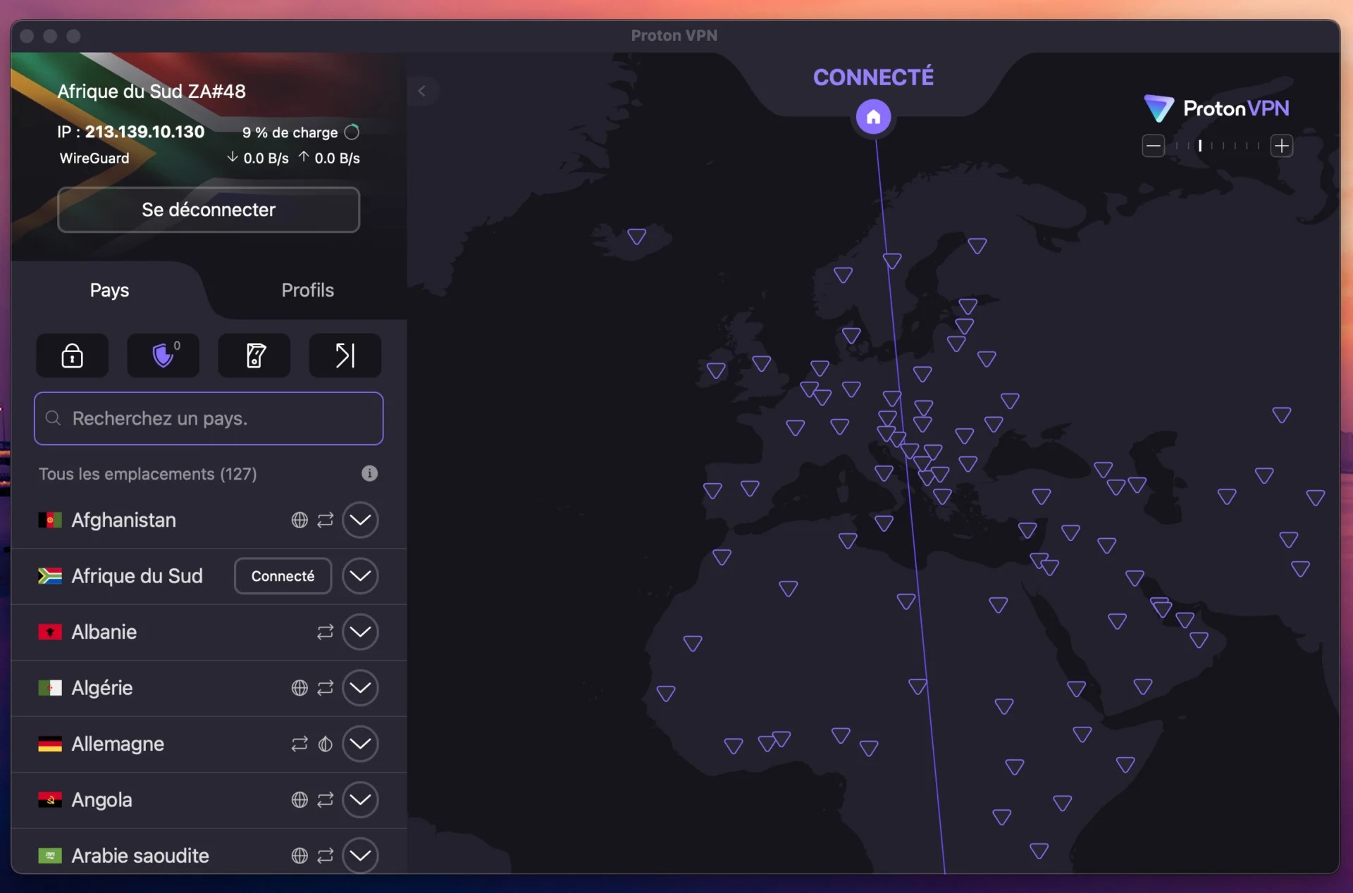 Proton VPN gratuit, charge des serveurs dans l'application