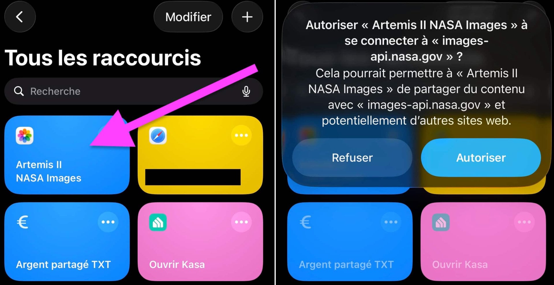 Raccourci iPhone artemis photo