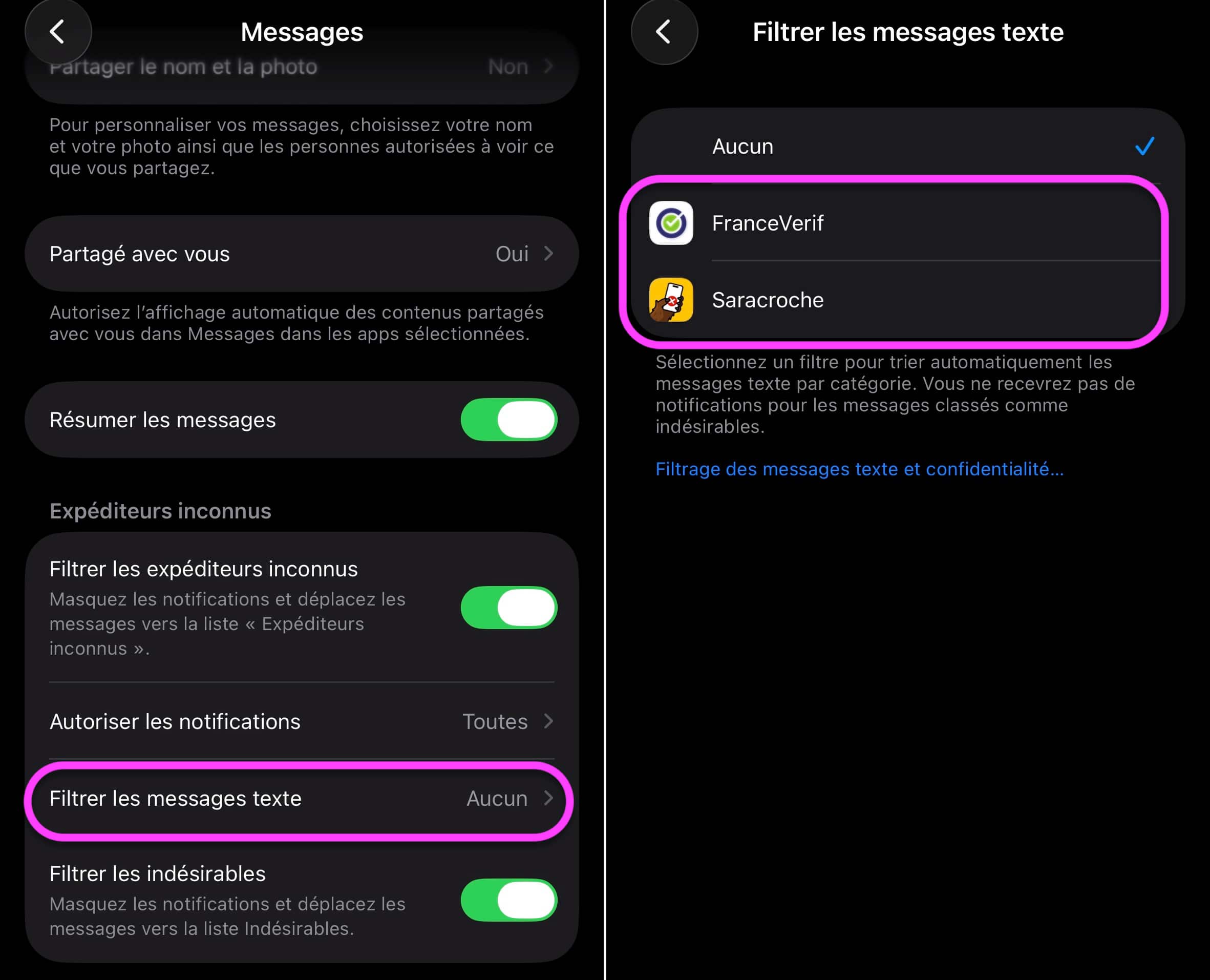 Filtre messages
