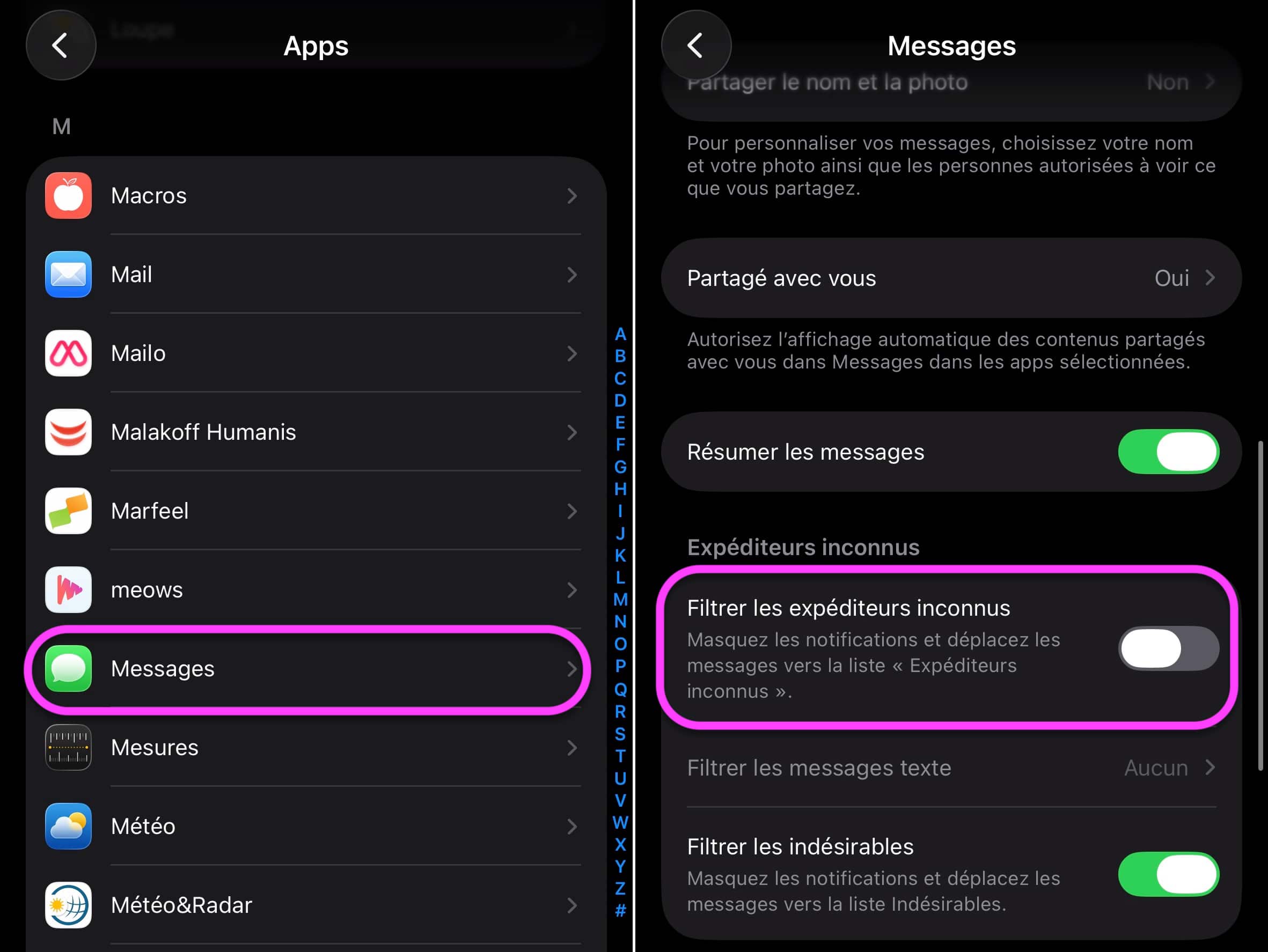 Filtrer messages