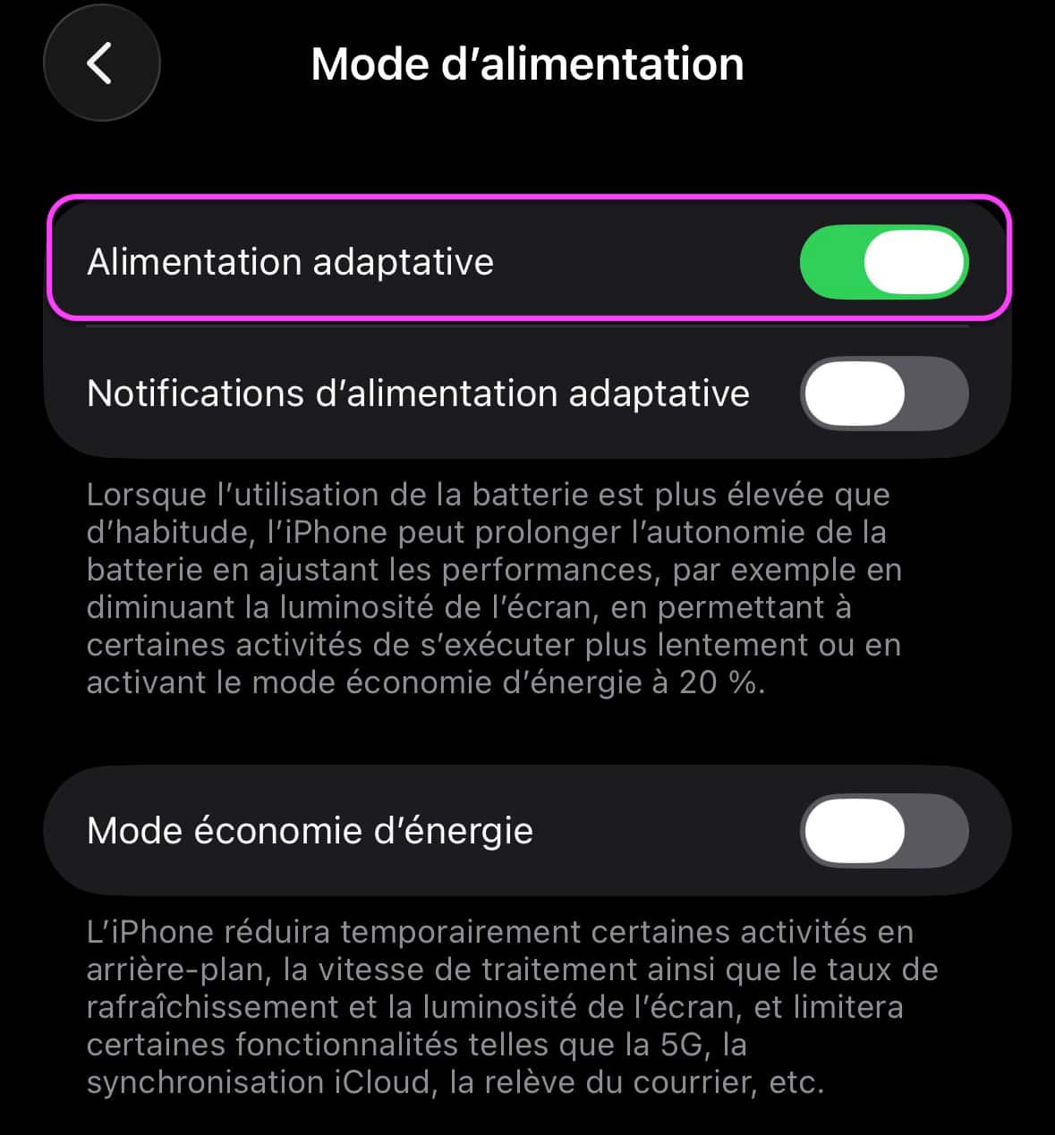 iOS 26 alimentation adaptative