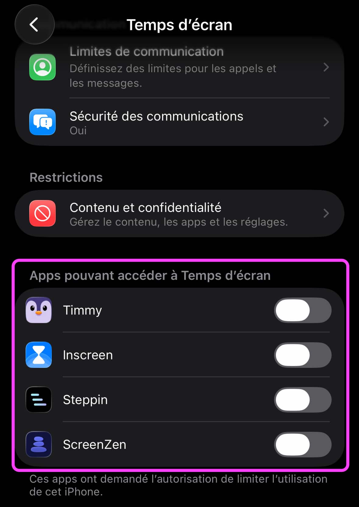 Temps ecran apps tierces