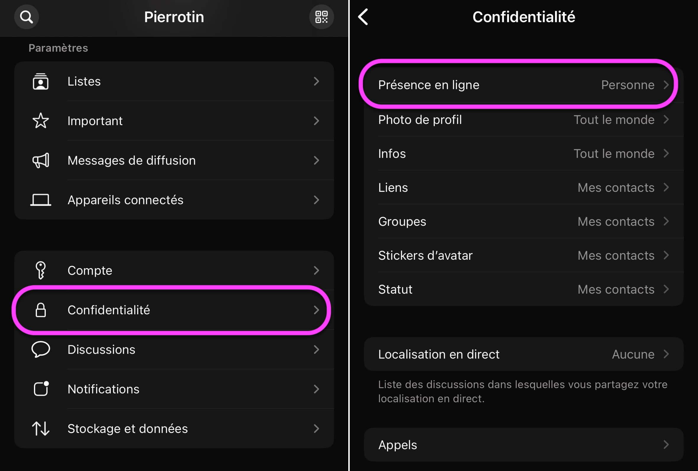 WhatsApp présence en ligne