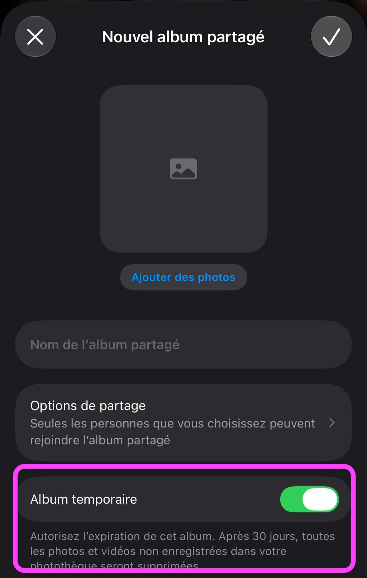Album partagé iOS 27