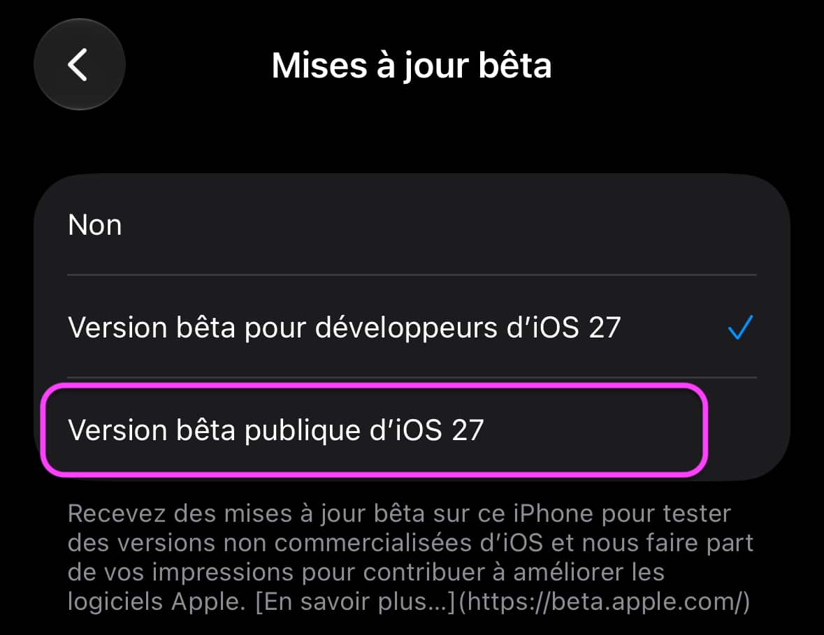 iOS 27 publique bêta