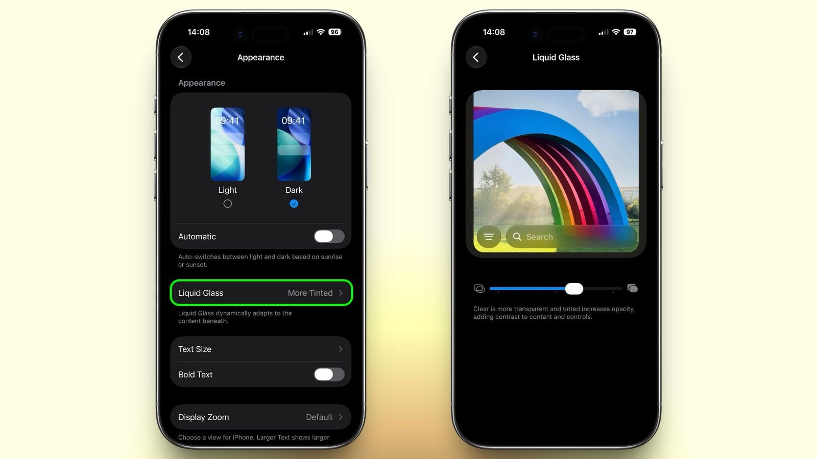 Liquid glass opacity setting iOS