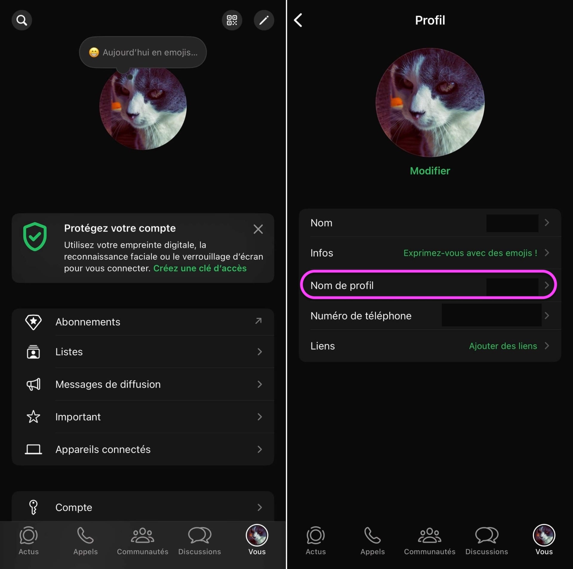 Changer pseudo WhatsApp