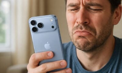 Homme grimace déçu iPhone 18 pro bleu glacier