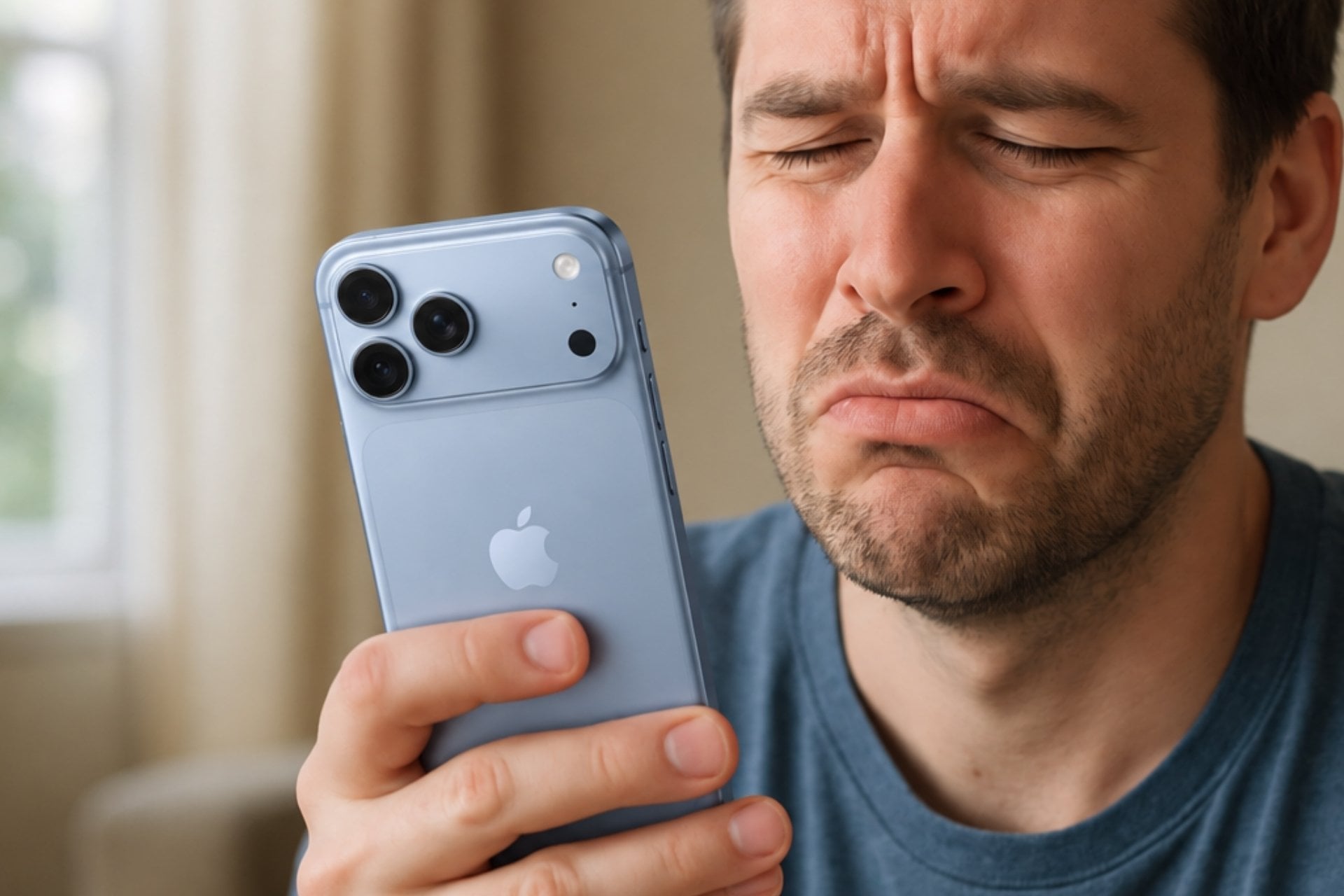 Homme grimace déçu iPhone 18 pro bleu glacier